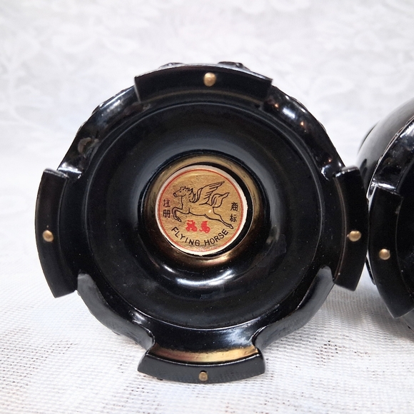 Vintage Fouzhou Chinese Bakelite Vases By Flying Horse Dragon Motif MCM Black - Picture 8 of 15